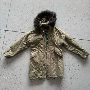 Vintage Olive Green Parka with Faux Fur Hood
